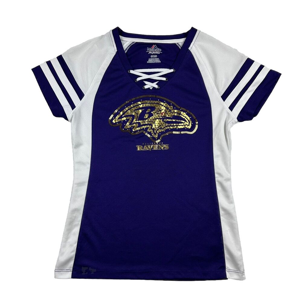 Baltimore Ravens NFL Lace Up V Neck Shirt Womens S Gold Sequins Short Sleeve